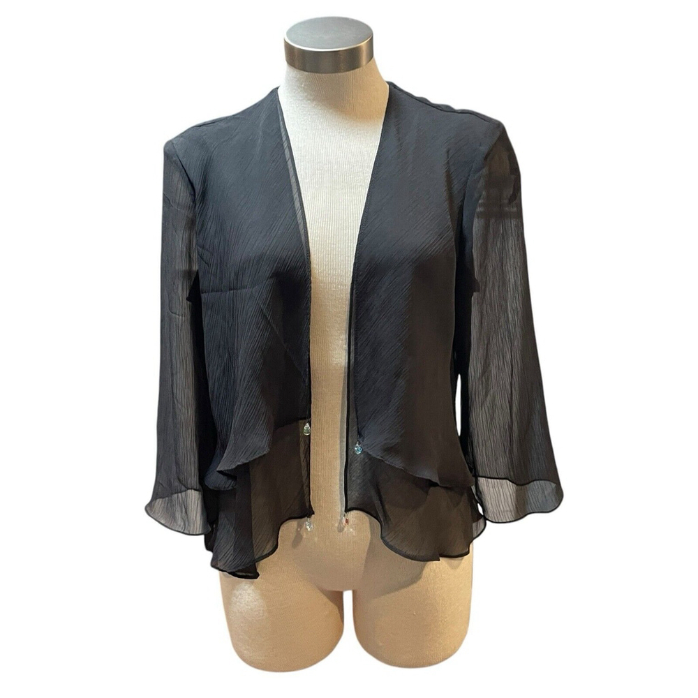 Ursula of Switzerland Sheer Jacket Topper Sheer Open Front Black Crystals Sz. L